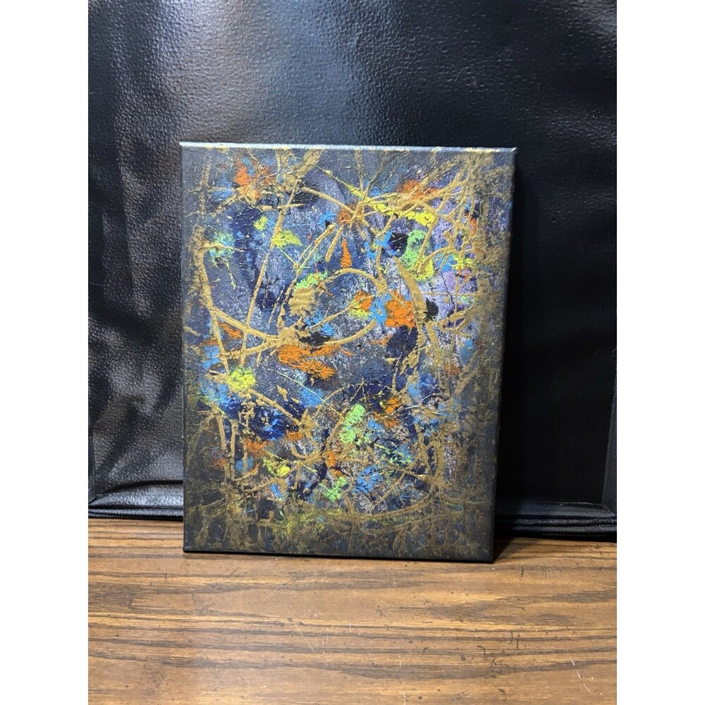 Original 11" X 14" Abstract Splatter Painting Canvas Blue Gold Modern Wall Art - Picture 7 of 7